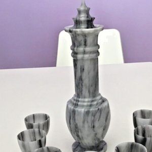 Vintage Marble Onyx Decanter 6 Shots Goblet Hand Carved Natural Gray Stones